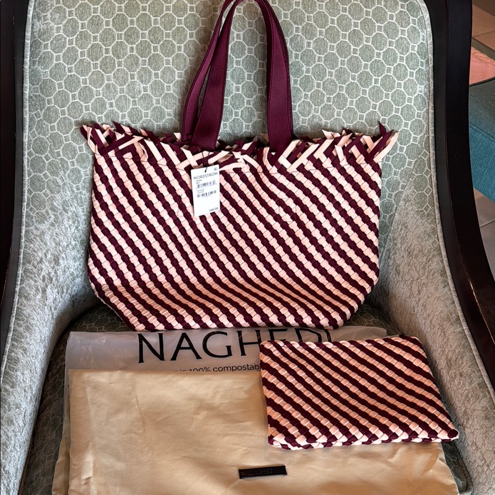 Naghedi Havana Medium Crimson and Cream Woven Tote NWT